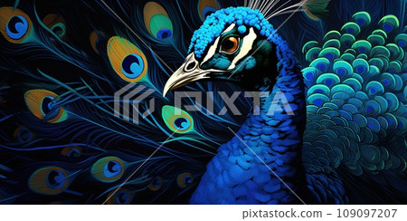 Beautiful peacock peafowl, which has very long tail feathers that have eye-like markings and can be erected and fanned out in display Beautiful peacock peafowl, which has very long tail feathers that have eye-like markings and can be erected and fanned out in display 109097207