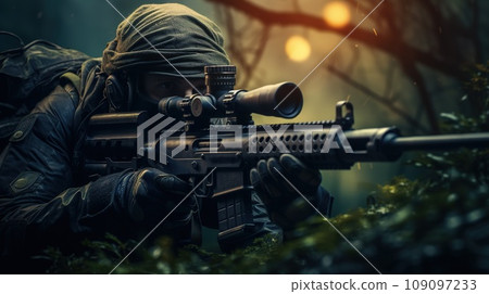 Sniper aiming and shooting from a hiding place, especially accurately and at long range, war concept 109097233
