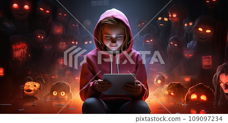 Young boy surfing the internet with potential risks and threats in IT environment, dangers on the internet Young boy surfing the internet with potential risks and threats in IT environment, dangers on the internet 109097234