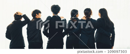 Panoramic banner back view of office worker team standing in line. Shrewd 109097303
