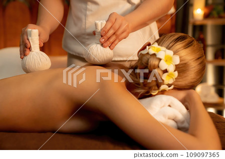 Closeup hot herbal ball spa massage body treatment. Quiescent Closeup hot herbal ball spa massage body treatment. Quiescent 109097365