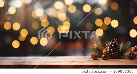Merry Christmas and Happy New Year background with empty wooden table comeliness Merry Christmas and Happy New Year background with empty wooden table comeliness 109097395