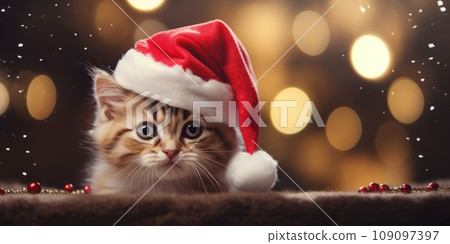 baby cat, kitten in red christmas hat at home comeliness baby cat, kitten in red christmas hat at home comeliness 109097397