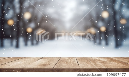 Table in beautiful winter landscape, wood plank in mountain outdoor comeliness Table in beautiful winter landscape, wood plank in mountain outdoor comeliness 109097477