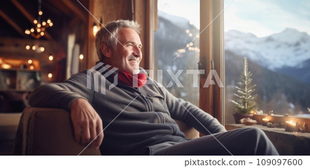 Traveler enjoying weekends inside contemporary house in mountains. comeliness 109097600