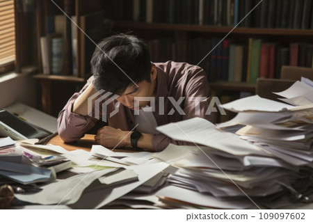 Stressed and exhausted office worker with pile of document without comeliness 109097602