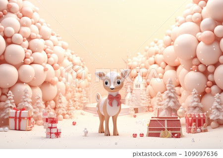 Cute christmas trees 3D cartoon style and merry christmas decorations comeliness 109097636