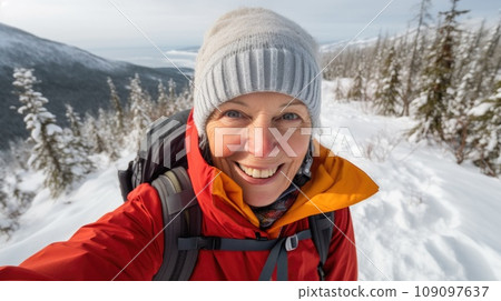 Traveler influencer taking selfie during travel in winter season comeliness 109097637