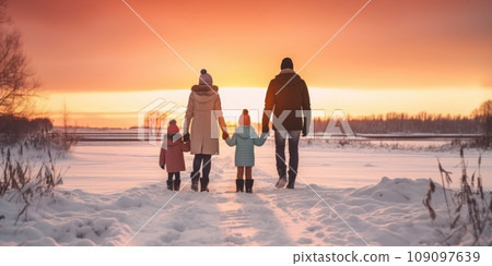 Happy family Father, mother and children are on winter walk in nature comeliness Happy family Father, mother and children are on winter walk in nature comeliness 109097639