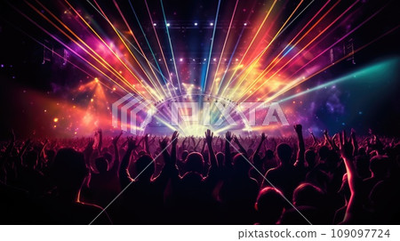 silhouette of concert crowd in front of bright stage lights 109097724