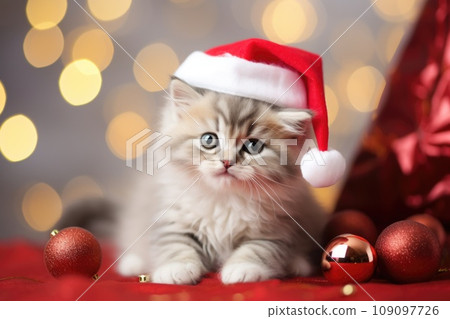 baby cat, kitten in red christmas hat at home comeliness 109097726