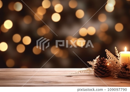 Merry Christmas and Happy New Year background with empty wooden table comeliness Merry Christmas and Happy New Year background with empty wooden table comeliness 109097790