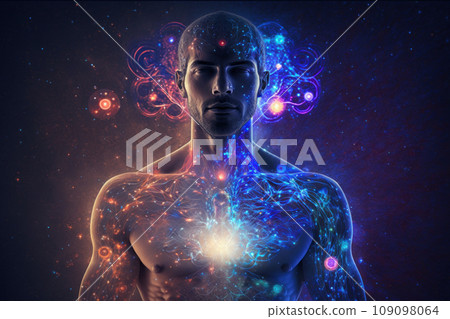 Space esoteric energy and power lines in athlete man, front view. Person silhouette and magical light on dark background. Concept of yoga, sport, aura, body and health 109098064