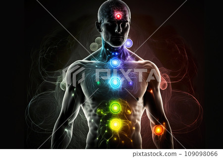 Esoteric chakras and kundalini energy glowing in man silhouette. Person and space magical light on dark background. Concept of yoga, sport, aura, body, universe, power and health 109098066