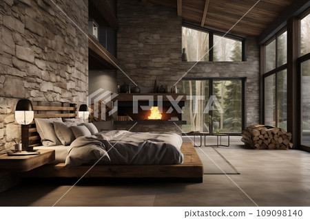 Modern interior of a country house in the forest - Generative AI 109098140