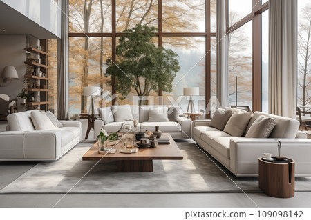 Modern interior of a country house in the forest - Generative AI Modern interior of a country house in the forest - Generative AI 109098142