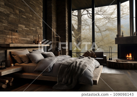 Modern interior of a country house in the forest - Generative AI 109098143