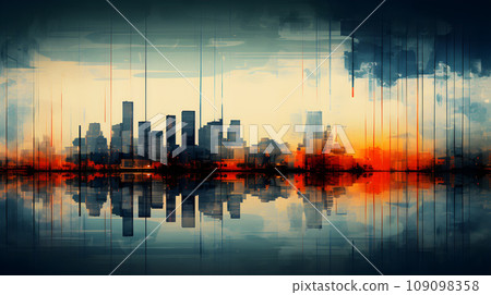 colored abstract city skyline with reflection - modern digital painting - generative AI 109098358