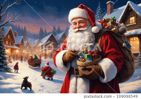 Digital illustration of a Santa Claus is portrayed in a traditional red suit with a sack overflowing with toys. Set against a picturesque snowy backdrop. 109098549