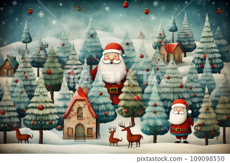 A whimsical illustrations of Christmas characters like Santa, reindeer, and elves in a colorful, cartoon style. The background is cheerful and festive, appealing to a family-friendly audience. 109098550