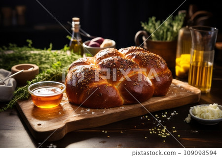 A rustic artisan Challah made with organic, natural ingredients. The bread is set on a wooden cutting board, surrounded by wholesome ingredients like grains, eggs, and natural sweeteners. 109098594