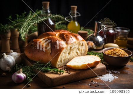 A rustic artisan Challah made with organic, natural ingredients. The bread is set on a wooden cutting board, surrounded by wholesome ingredients like grains, eggs, and natural sweeteners. A rustic artisan Challah made with organic, natural ingredients. The bread is set on a wooden cutting board, surrounded by wholesome ingredients like grains, eggs, and natural sweeteners. 109098595