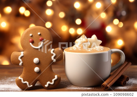 A smiling gingerbread man beside a steaming cup of hot cocoa with marshmallows. The background includes a cozy, festive kitchen scene, emphasizing the warmth of the holiday season. A smiling gingerbread man beside a steaming cup of hot cocoa with marshmallows. The background includes a cozy, festive kitchen scene, emphasizing the warmth of the holiday season. 109098602