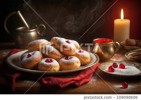 A plate of freshly made Sufganiyot treat that are filled with jelly or jam and dusted with powdered sugar, is Traditional Jewish donuts during Hanukkah celebration. 109098606