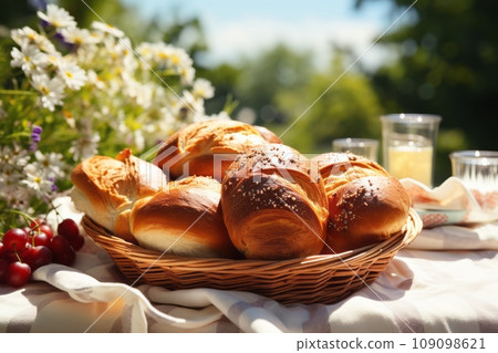 A summery, outdoor scene with Challah bread wrapped in parchment paper, part of a picnic spread. A summery, outdoor scene with Challah bread wrapped in parchment paper, part of a picnic spread. 109098621