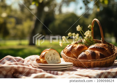 A summery, outdoor scene with Challah bread wrapped in parchment paper, part of a picnic spread. A summery, outdoor scene with Challah bread wrapped in parchment paper, part of a picnic spread. 109098624