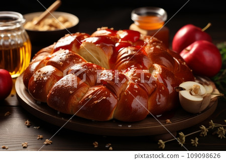 A decorative platter with different types of Challah round ones for Rosh Hashanah, braided ones for Shabbat adorned with symbols like apples and honey for the Jewish New Year. 109098626