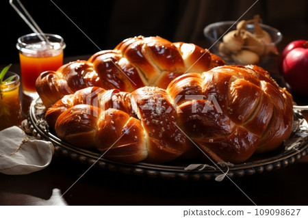 A decorative platter with different types of Challah round ones for Rosh Hashanah, braided ones for Shabbat adorned with symbols like apples and honey for the Jewish New Year. 109098627