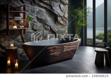 A luxurious bathroom with traditional Japanese deep soaking tub. The bathroom combines wood and stone elements, with a focus on clean lines and natural materials, creating a spa-like A luxurious bathroom with traditional Japanese deep soaking tub. The bathroom combines wood and stone elements, with a focus on clean lines and natural materials, creating a spa-like 109098629