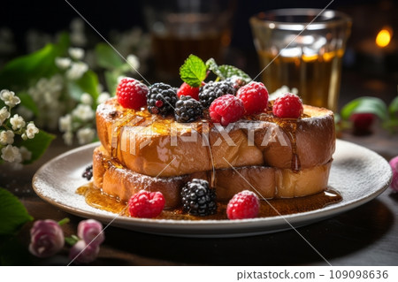 Delicious breakfast setting with Challah French toast plate, topped with berries and syrup. The scene is bright and inviting, with a cup of coffee and a small vase of flowers on the breakfast table. 109098636