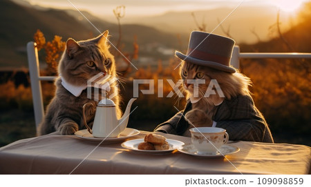 funny cat family drink tea at sunset, two kitty sitting by table and drinking hot drink, animal have breakfast at nature funny cat family drink tea at sunset, two kitty sitting by table and drinking hot drink, animal have breakfast at nature 109098859