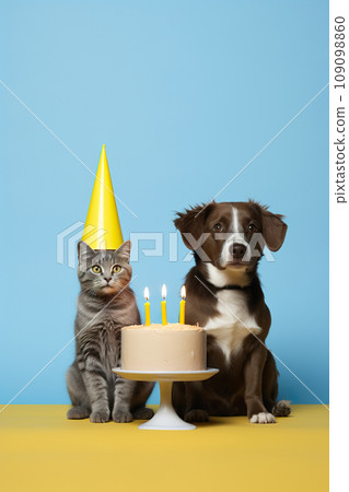 cute and funny cat and dog celebrate happy birthday by cake with candles 109098860