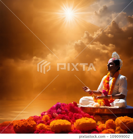 A person sitting in a lotus position with flowers in front of the sun. A person sitting in a lotus position with flowers in front of the sun. 109099002