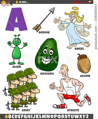 Letter A set with cartoon objects and characters Letter A set with cartoon objects and characters 109099043
