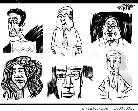 black and white people portraits cartoon illustrations set black and white people portraits cartoon illustrations set 109099092