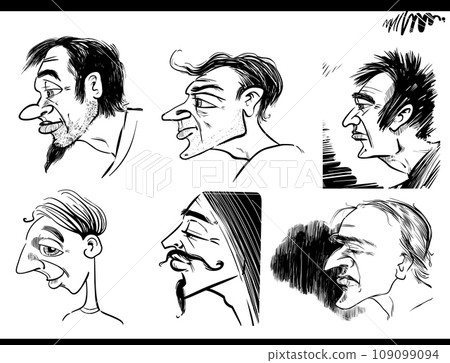 black and white people portraits profiles cartoon illustrations set 109099094