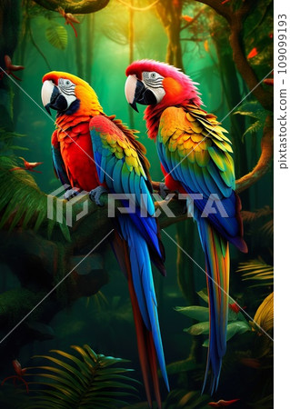 colorful and vibrant parrots sitting at branch in tropical jungle, vivid macaw birds at nature 109099193