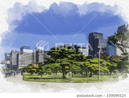 Watercolor style Otemachi, Tokyo, Imperial Palace Gaien and Otemachi buildings, Chiyoda-ku, Tokyo 109099325
