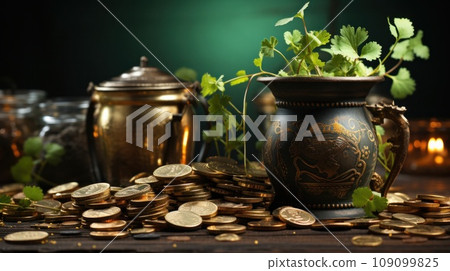 St.Patrick 's Day. Barrel with coins and clover and a pile of gold coins 109099825