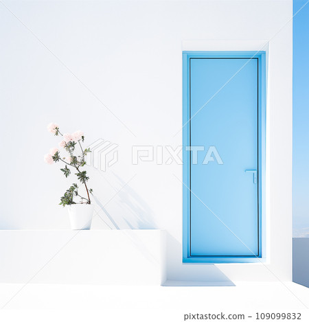 Blue door and flower on a white wall. Blue door and flower on a white wall. 109099832
