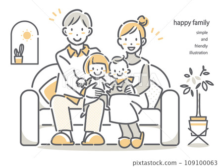 A family of four sitting on a sofa - simple and stylish line drawing illustration 109100063