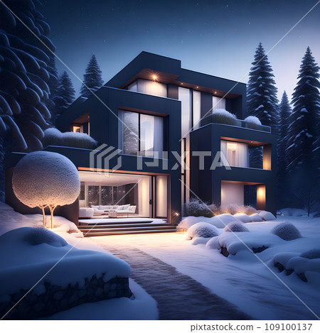 modern black house covered in snow in winter wallpaper 109100137
