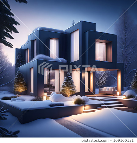 modern black house covered in snow in winter wallpaper 109100151