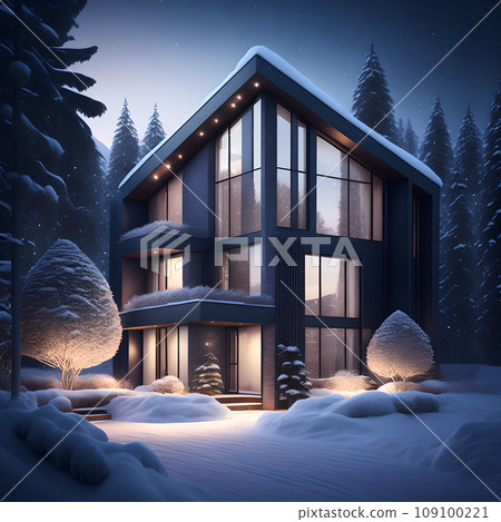 modern black house covered in snow in winter wallpaper 109100221