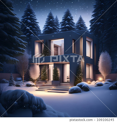 modern black house covered in snow in winter wallpaper 109100245