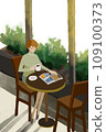 Illustration of a woman reading in a cafe 109100373